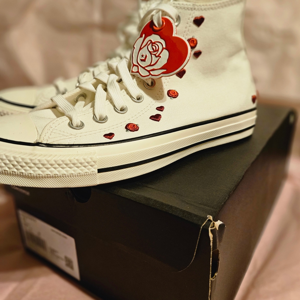 Converse White High-Tops with Red Heart Details